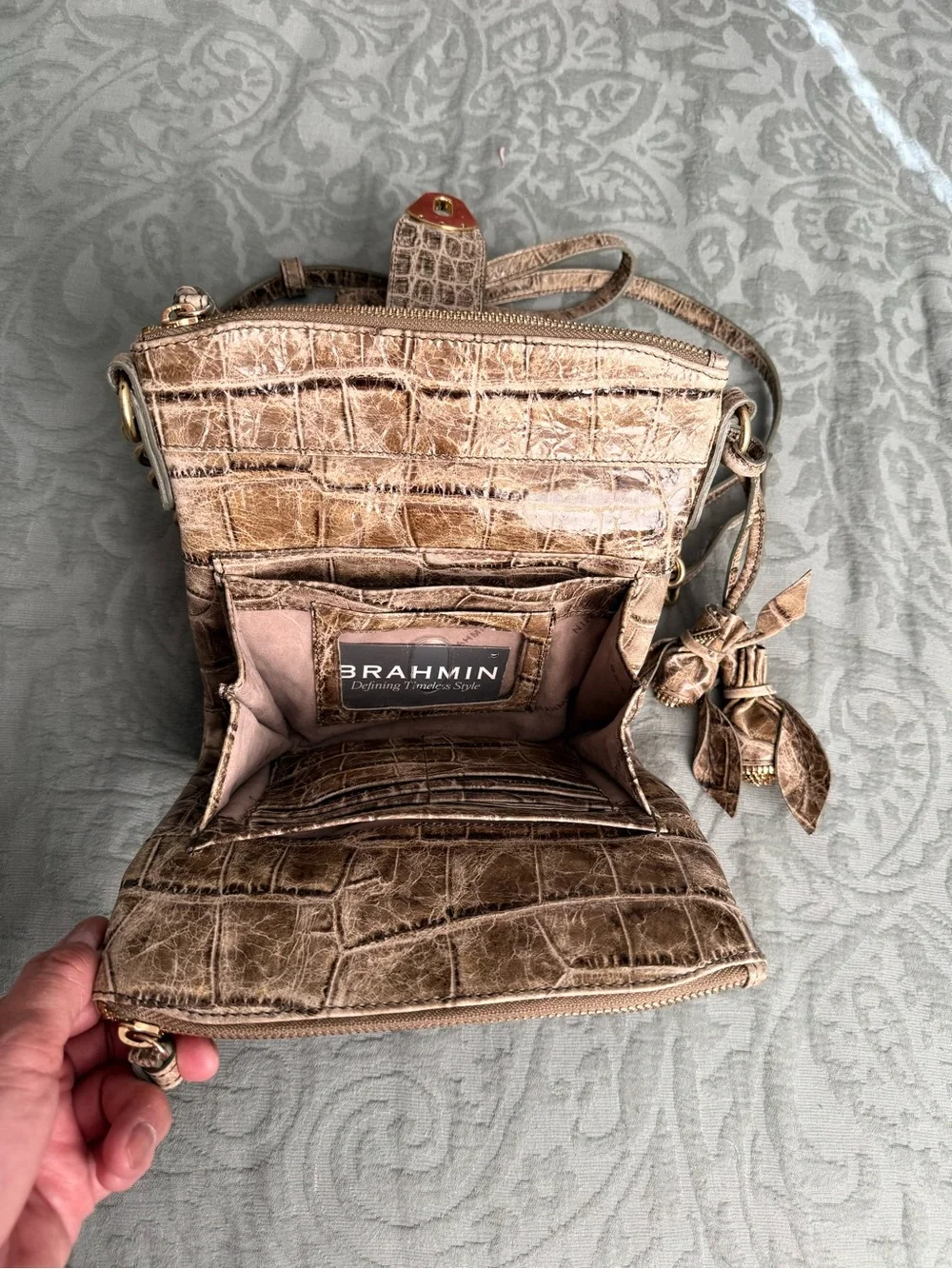 Brahmin Croc-Embossed Crossbody Bag - Taupe Brown